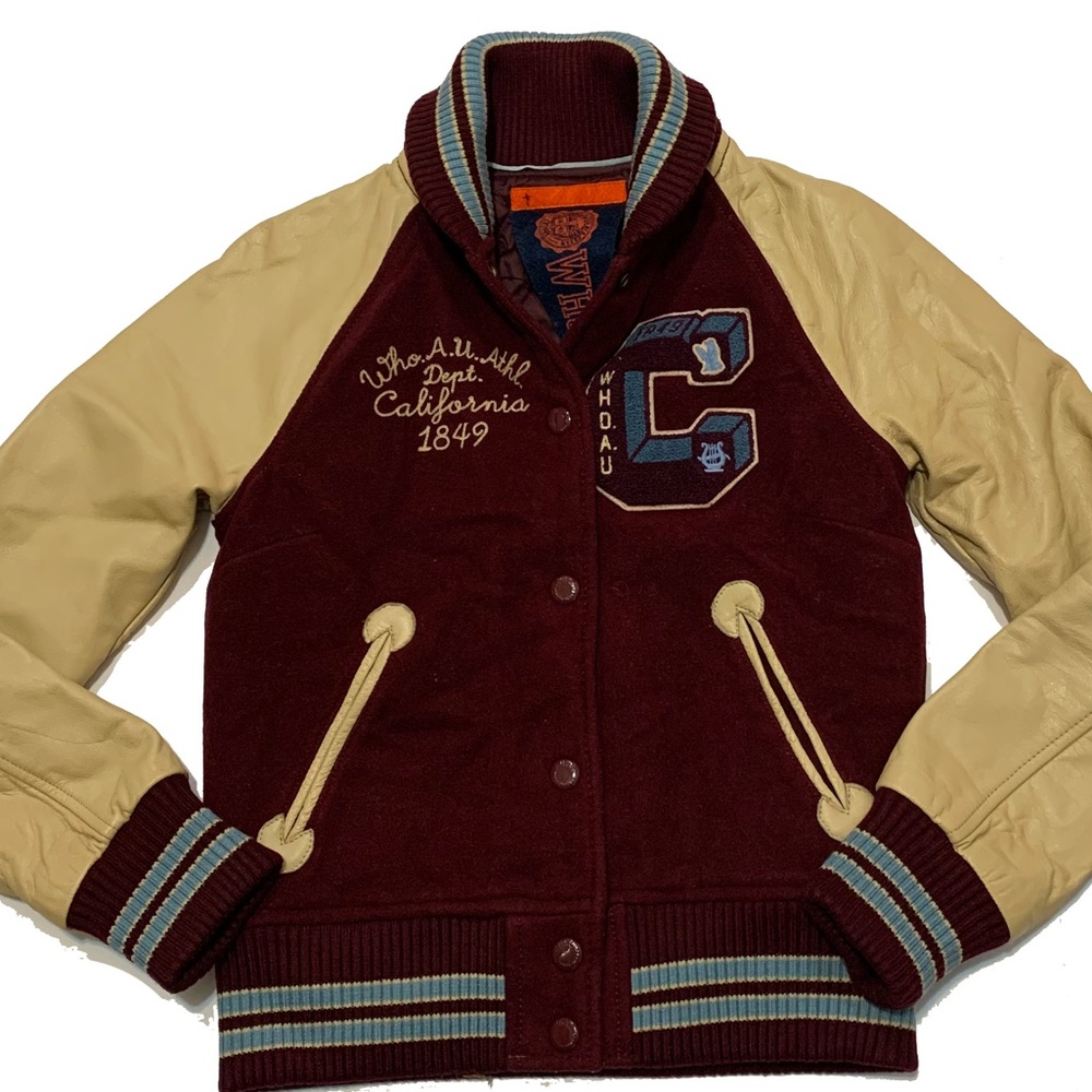 S / Who A. U. Burgundy and Tan Varsity Jacket